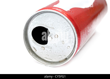 opened drink can with water droplets on white background Stock Photo