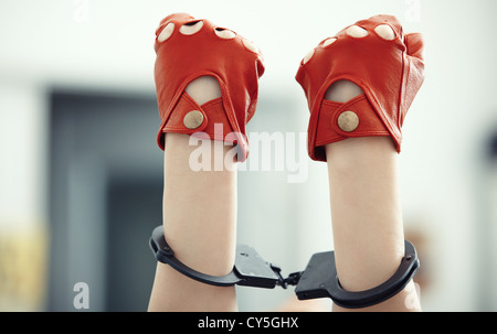 Two human hands in handcuffs. Horizontal photo Stock Photo