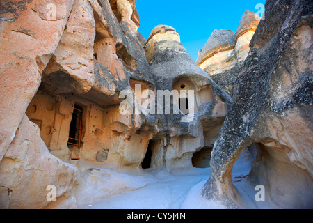 Early Christian church in the fairy chimney rock formations and rock pillars of “Pasabag Valley” near Goreme, Cappadocia, Nevsehir, Turkey Stock Photo