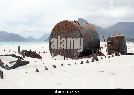 Shipwreck Kakapo at the beach of kommetjie with upcoming storm in the background Stock Photo