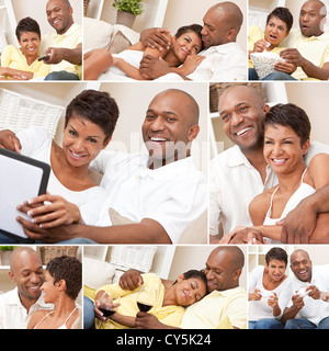 Montage of happy relaxed couple man and woman at home laughing, drinking wine, on tablet computer playing together in love Stock Photo