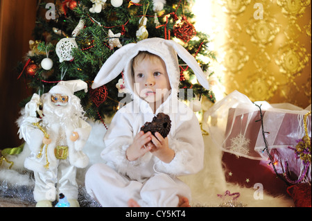 Node Christmas tree sits a boy dressed as a white rabbit with shokolodnym ezhem Stock Photo