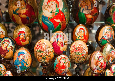 Easter eggs decorated with Virgin Mary and Christ child in Prague shop Stock Photo