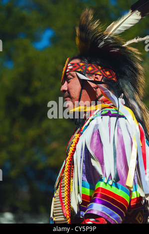 Chumash native American man, grass dancer, at the 2012 Inter Tribal Pow Wow, Live Oak camp, Santa Ynez Valley, California Stock Photo
