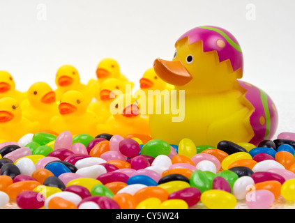 Yellow rubber duck in easter egg with colorful jelly beans Stock Photo