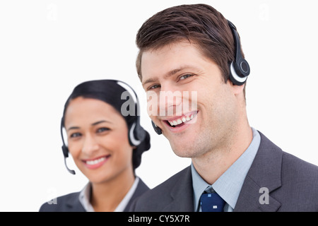 Close up of smiling call center employees Stock Photo