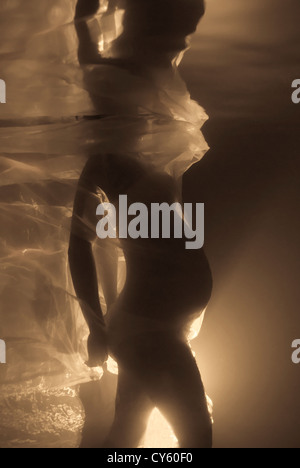 Pregnant woman wrapped in flowing fabric, side view, underwater view Stock Photo