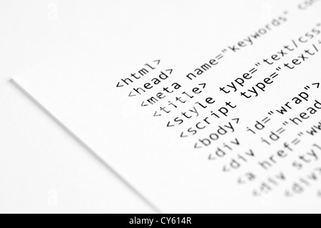 HTML script printed on white paper with shallow depth of field Stock Photo