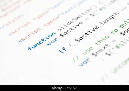 HTML script printed on white paper with shallow depth of field Stock Photo