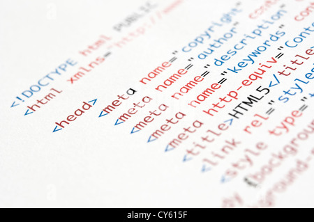 HTML script printed on white paper with shallow depth of field Stock Photo