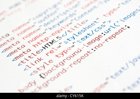 HTML script printed on white paper with shallow depth of field Stock Photo