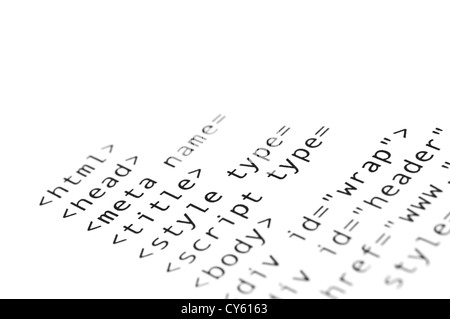 HTML script printed on white paper with shallow depth of field Stock Photo