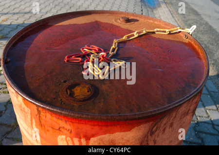 detail of an abandoned rusty oil barrel Stock Photo