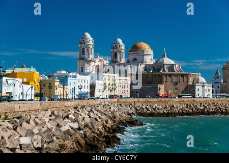 Seafront and Cathedral in Cadiz, Andalusia, Spain Stock Photo
