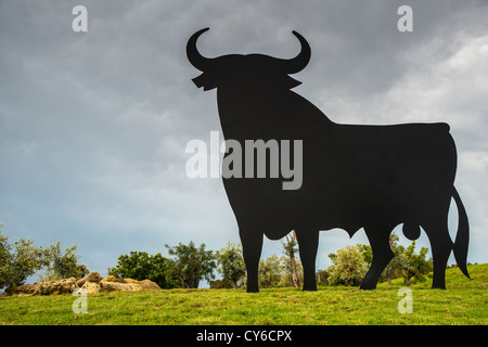 The Osborne bull sign, a black silhouetted image of a bull in semi-profile, El Puerto de Santa Maria, Andalusia, Spain Stock Photo