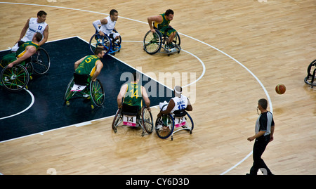 Mens wheelchair basketball group A match between Australia and Italy at London 2012 Paralympics. Australia won 68 - 48. Stock Photo