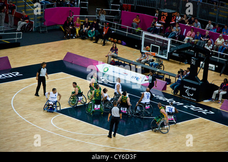 Mens wheelchair basketball group A match between Australia and Italy at the London 2012 Paralympics. Australia won 68 - 48. Stock Photo