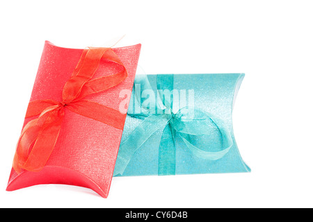 small red and blue present boxes on white background Stock Photo