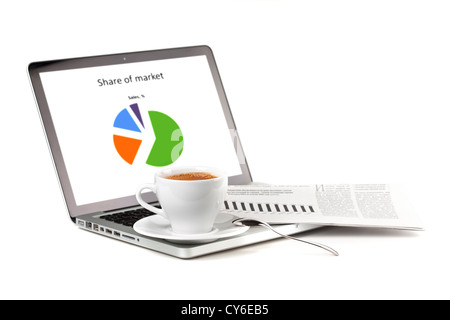 Laptop with chart, cappuchino cup and newspaper. Isolated on white Stock Photo