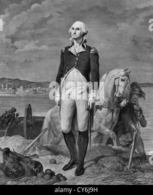 George Washington, full-length portrait, standing on bunker, facing slightly left, wearing military uniform, aide with horse in near background, view of port in distance. Stock Photo