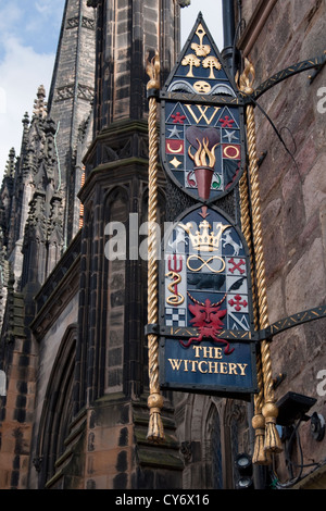 Sign for the famous Witchery restaurant on The Royal Mile street, Edinburgh Stock Photo