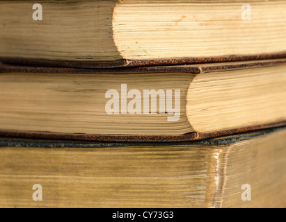 A stack pile of three antique vintage old books showing signs of wear and tear anonymous anontmised anonymized Stock Photo