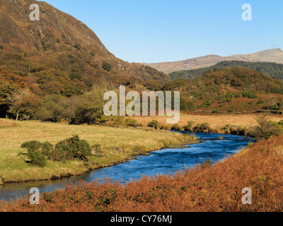 Afon Glaslyn river in Nant Gwynant valley in Snowdonia National Park in autumn. Nantgwynant, Gwynedd, North Wales, UK, Britain Stock Photo