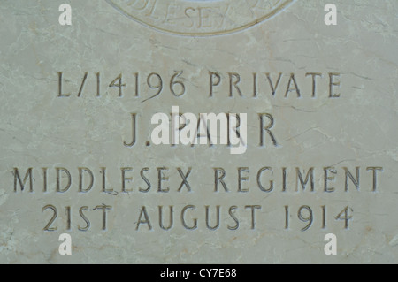 A close up of the inscription on the grave of Private John Parr, believed to be the first UK casualty of the First World War. Stock Photo