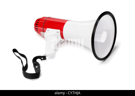 Red and white megaphone isolated on white with natural shadows. Stock Photo
