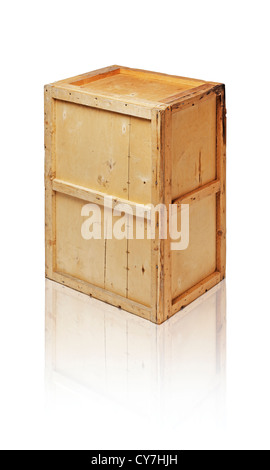 Old wooden crate isolated on white with reflection. Stock Photo