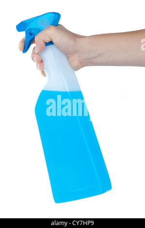 hand squirting a bottle of cleaning spray isolated on white Stock Photo