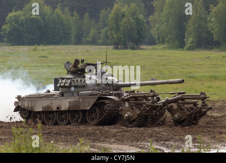 T-55M main battle tank of the Finnish Army with KMT-5 mine clearing roller. Stock Photo