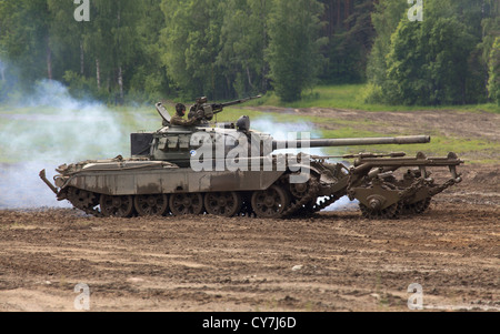 T-55M main battle tank of the Finnish Army with KMT-5 mine clearing roller. Stock Photo