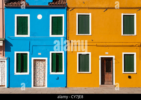 Yellow and Blue House Facades, Burano, Venice, Veneto, Italy Stock Photo