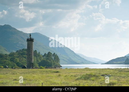 Glenfinnan Monument standing on the shoreline of Loch Shiel, NW Highlands. Marks the location where Prince Charles Edward Stuart Stock Photo