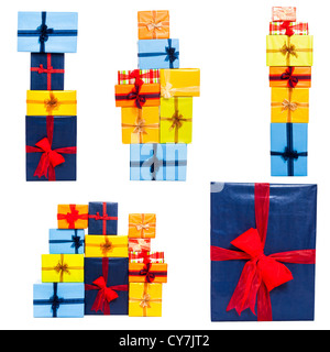 Collection of many colorful gift boxes with ribbon, isolated on white background. Stock Photo