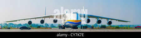 AN-225 Mriya on airfield before flight. Front view. Stock Photo