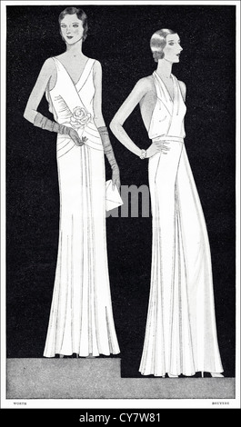 Original 1930s magazine illustration of Paris summer fashion. (left) Formal evening gown of crepe romaine in pale pistache green with pale pink roses at the waist by designer Worth. (right) Formal evening gown of off-white satin by designer Bruyere. Stock Photo