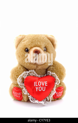 Teddy bear and big red heart with text "I Love You" Stock Photo