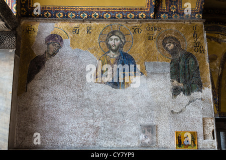Jesus Christ mosaic in The Hagia Sophia (also called Hagia Sofia or Ayasofya) interior architecture, famous Byzantine landmark Stock Photo