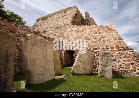 Large stone carvings of the danzantes en Monte Alban, Oaxaca, Mexico Stock Photo