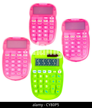 pink and green calculators isolated on white background Stock Photo