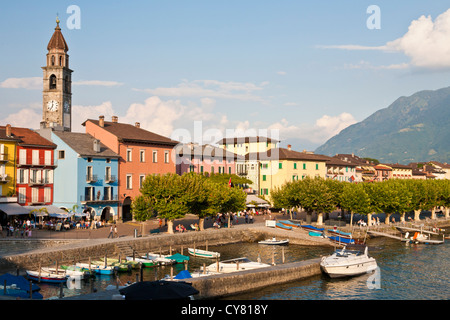 CITYSCAPE OF ASCONA, HARBOUR, LAKE MAGGIORE, LAGO MAGGIORE, TICINO, SWITZERLAND Stock Photo