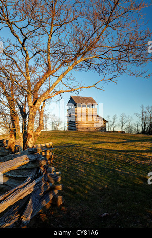 Groundhog Mountain Lookout Tower and split-rail fence, Blue Ridge Parkway, Virginia, USA Stock Photo