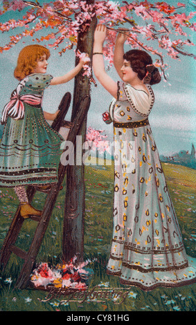 Young Woman and Child Cutting Flowers from Tree, Birthday Greeting Card, Circa 1910 Stock Photo