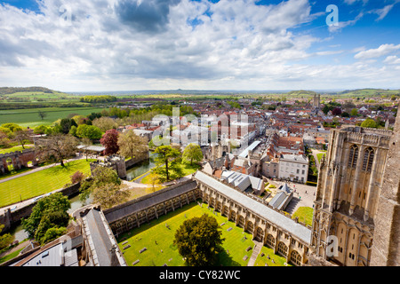 View from the top of the tower of Wells Cathedral across the Bishop's Palace and Somerset Levels, Somerset, England, UK Stock Photo