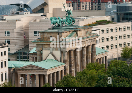 The Brandenburg Gate, landmark and icon of Berlin, viewed from the Reichstag Dome Stock Photo
