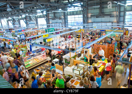 An overhead view of the bustling Halifax Seaport Farmers' Market in Halifax, Nova Scotia, Canada Stock Photo