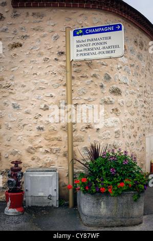 Champagne vineyards signpost in the Reims area of France Stock Photo