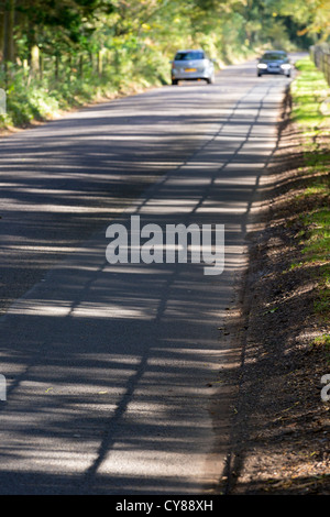 Sunlight shining through trees onto a road giving dappled and striped shadows, two cars passing in the background Stock Photo